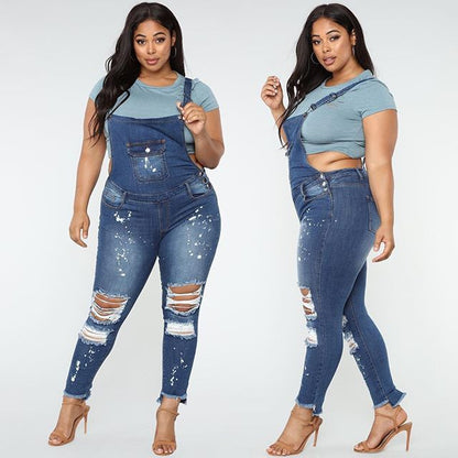 European And American Plus Size Elastic Ripped Overalls