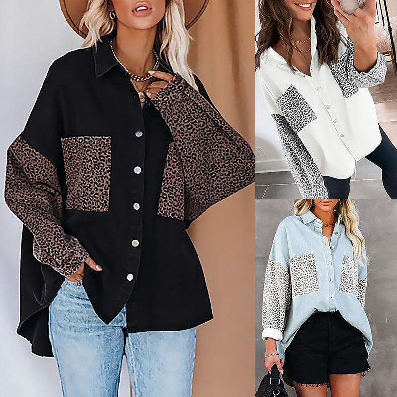 European And American Long-Sleeved Pocket Leopard Print Lapel Cardigan Top