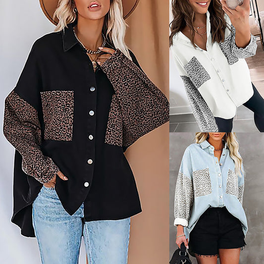 European And American Long-Sleeved Pocket Leopard Print Lapel Cardigan Top