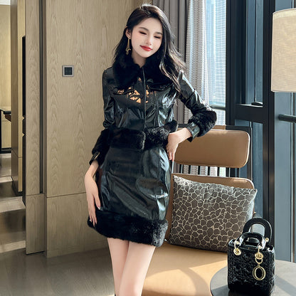 Autumn And Winter Clothing New Fashion Short Leather Coat Sheath Skirt Two-piece Set