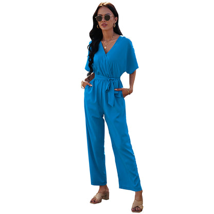 European And American V-neck Women's Tie Waist Solid Color Jumpsuit