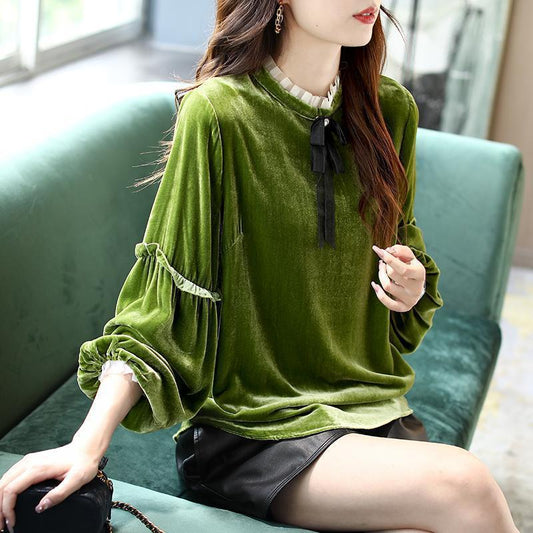 Fungus Long Sleeve Pleuche Top Female Loose Lace-up