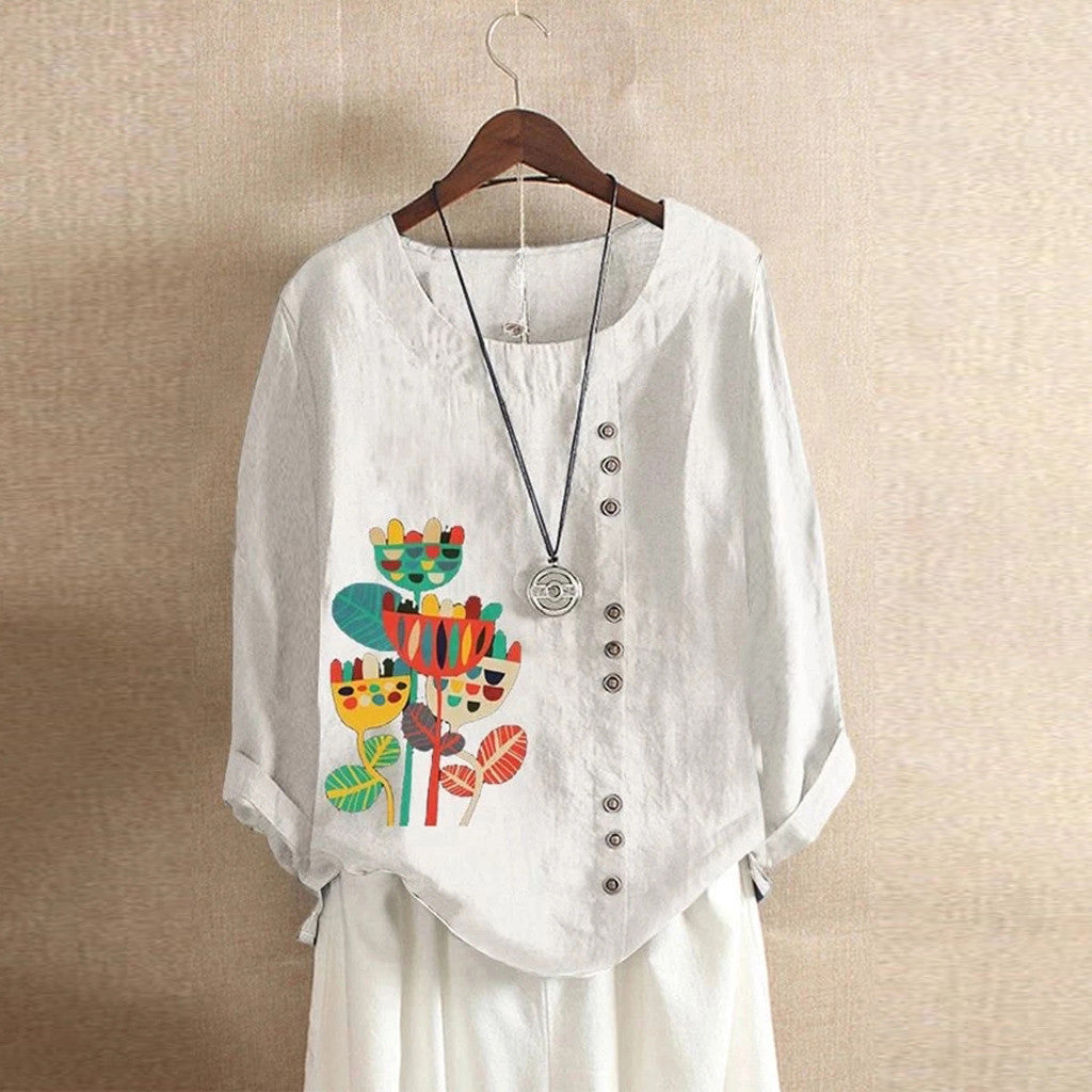 Retro cotton and linen printed loose long-sleeve casual