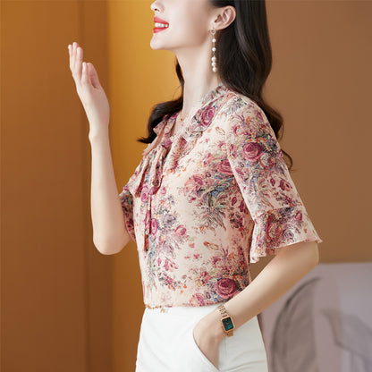 Fragmented Chiffon Shirt Top For Women's Fashionable And Westernized V-neck