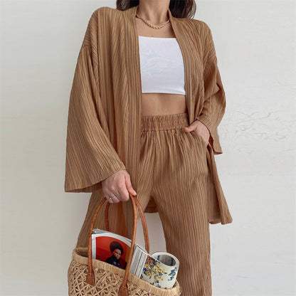 Early Autumn New Camel Casual Suit European And American Women's Long Sleeve Cardigan Top Straight-leg Pants Home Wear Two-piece Suit