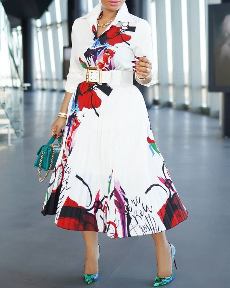 Fashion Digital Printing Pleated Long Sleeve Dress Excluding Belt