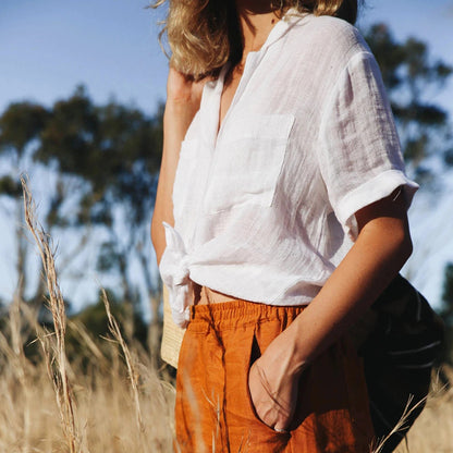 Chemise française à manches courtes en lin et coton pour femmes