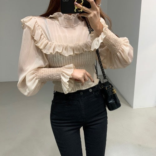 Stand-up Collar Fashion Stitching Chiffon Shirt