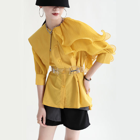 Ruffled Irregular Stitching Loose Short-sleeved Shirt