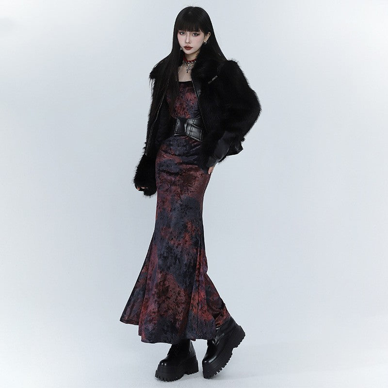 Ghost Girl Black Red Velvet Fishtail Dress