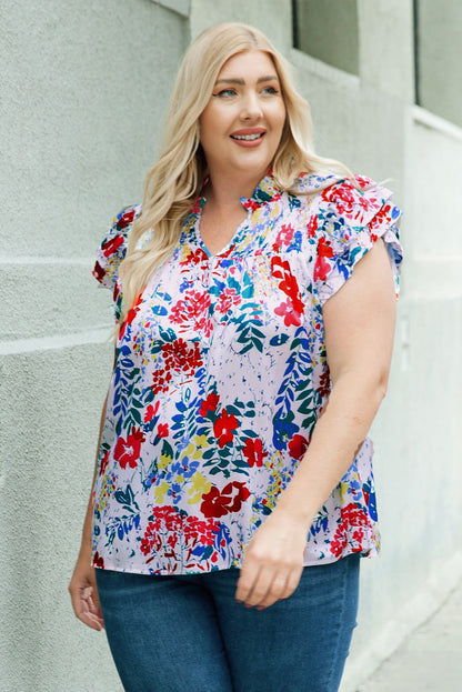 Blouse Florale Smockée à Manches Flutter de Grande Taille