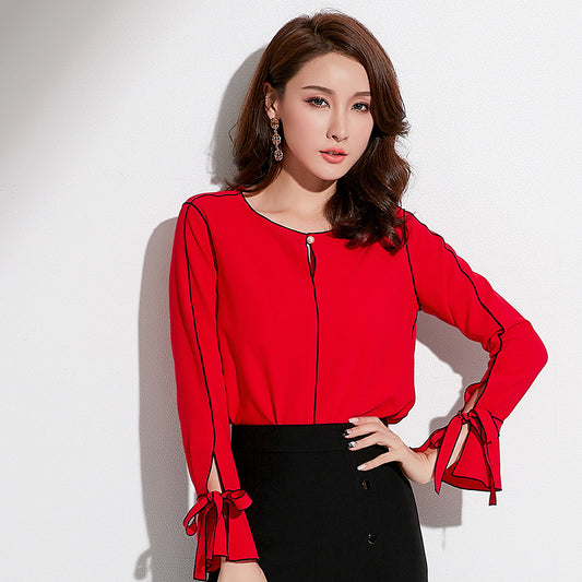 spring new brand women's Korean version of the round neck long-sleeved shirt female temperament contrast color bandage beaded chiffon shirt