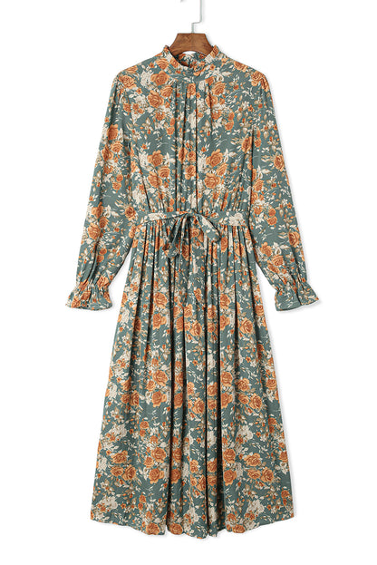 Robe longue à fleurs plissée verte à manches longues avec cravate