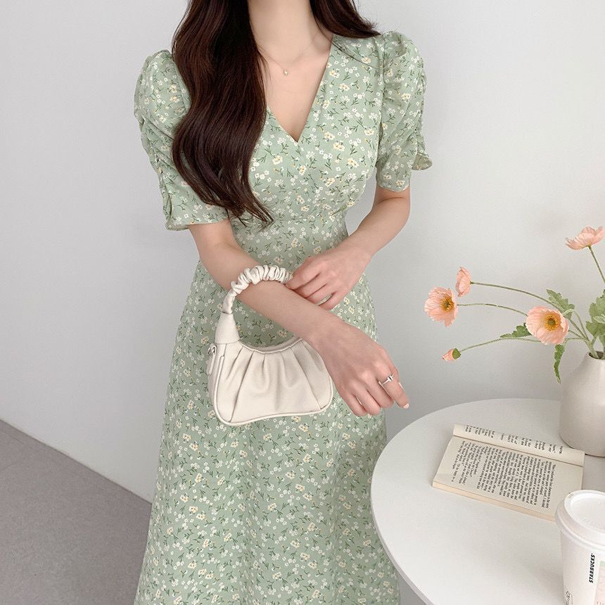 Small Floral Puff Sleeve Dress Women