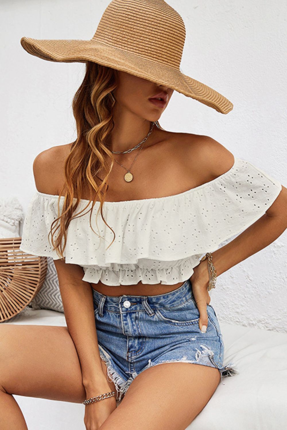 Eyelet Layered Off-Shoulder Cropped Blouse