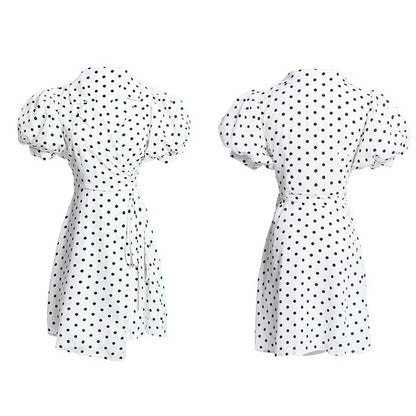 Retro Court Polka Dot Wrap Puff Sleeve Dress