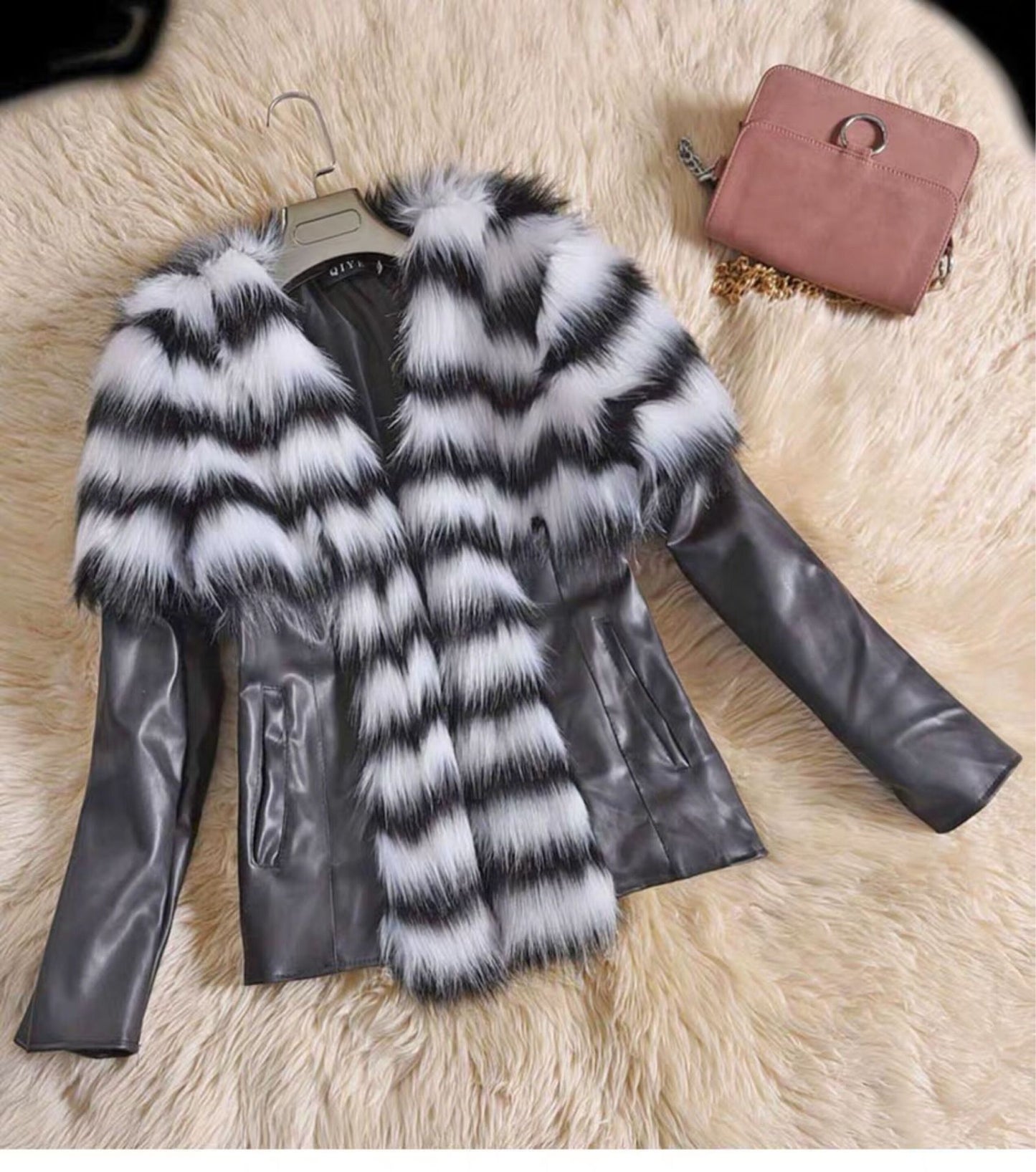 Faux Fur Slim Fit PU Leather  Fluffy coat