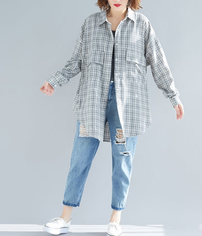 Lapel Plaid Long-sleeved Shirt Age-reducing Belly-covering Top