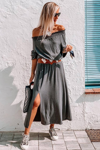 Gray Shirred Off Shoulder Maxi Dress with Split