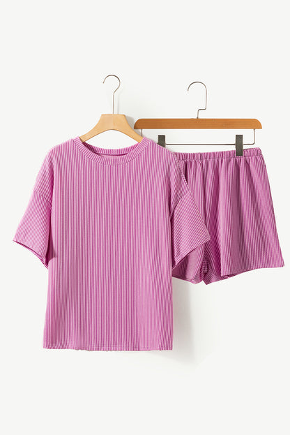 Phalaenopsis Ribbed Textured Knit Loose Fit Tee and Shorts Set