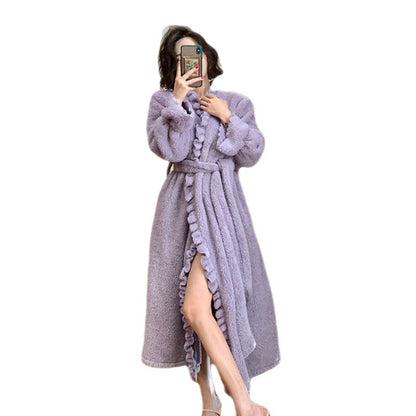 Flannel Nightgown Women Mid Length Thickened Vintage