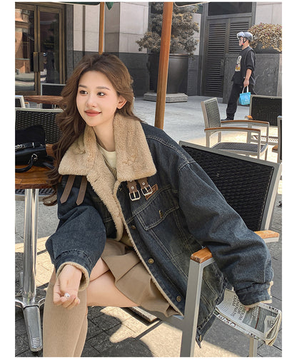 Denim Parka Women's Autumn Short Lamb Wool Coat Fleece-lined Thickened