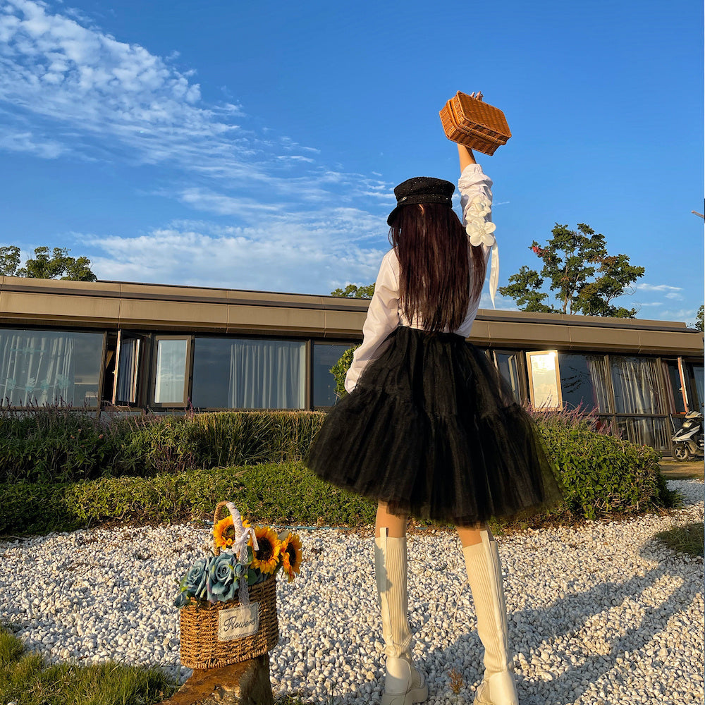 Falda de corte A de cintura alta con capas de tul negro, falda de tutú para mujer, falda de empalme de malla, falda plisada de corte A de pastel multicapa, falda de hadas