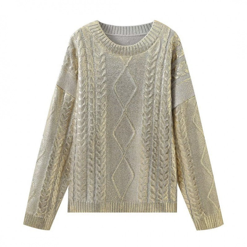 Retro Crew Neck Long Sleeve Rhombus Metal Foil Woven Sweater