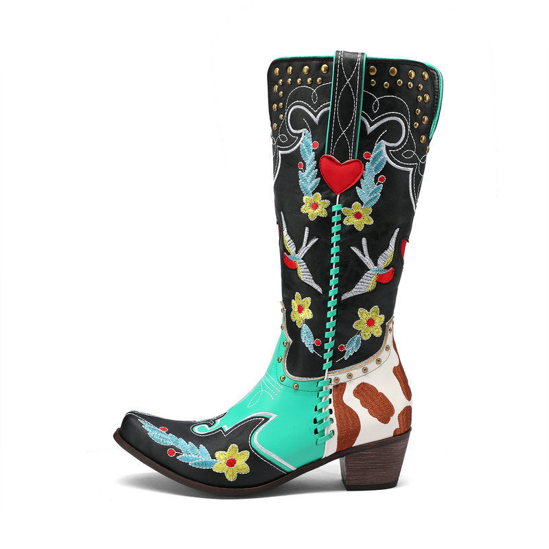 Zapatos vaqueros occidentales Botas de cuero para mujer Bordado exquisito