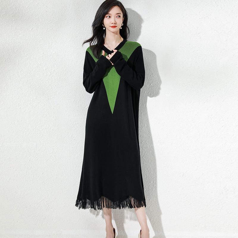 Mid-length Knitted Ice Silk Stitching Thin Tassel Dress