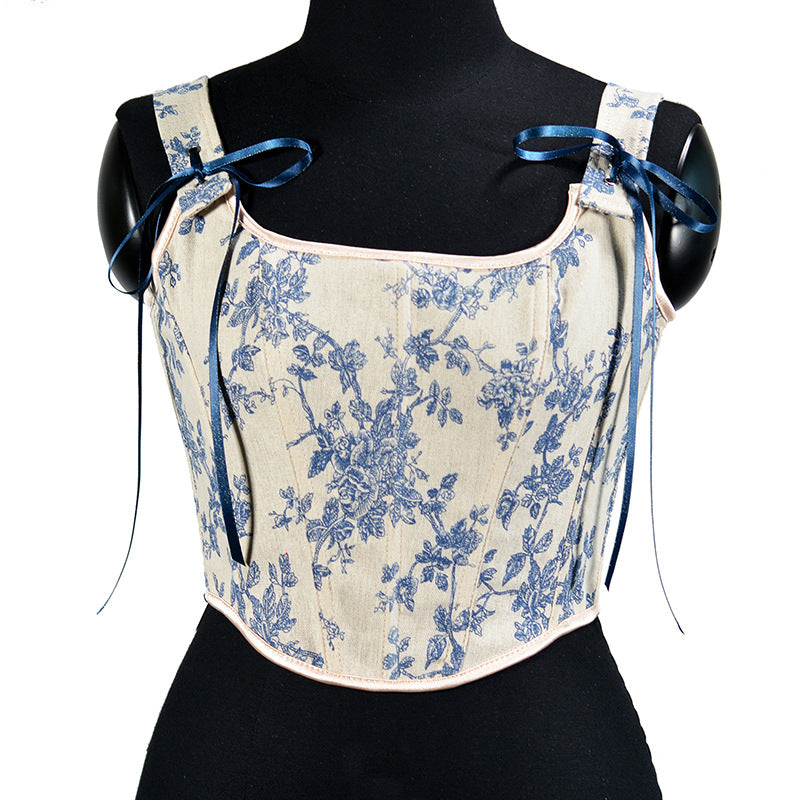 French Orchid Print Strap Fishbone Corset Cropped Tank Top