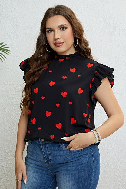 Top con cuello simulado y manga de mariposa con estampado de corazones de talla grande