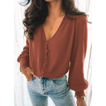 Solid Color Lace V-neck Single-breasted Shirt For Women