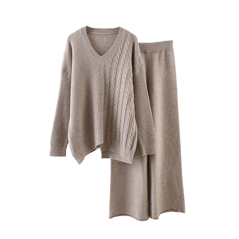 Solid Color And V-neck Sweater Autumn And Winter New Loose Casual Knitted All-matching Wide Leg Pants Two-piece Suit