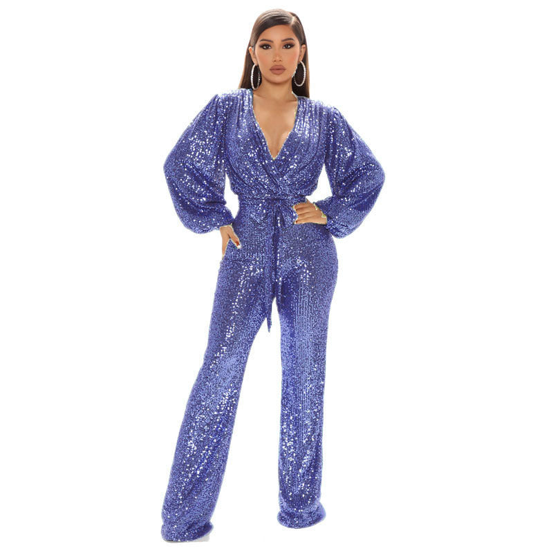 Women's Sequined Deep V-neck Long-sleeved Jumpsuit Trousers