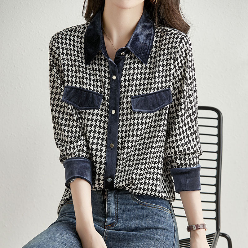 Patchwork Check Vintage Long Sleeve Lapel Shirt