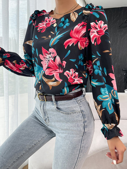 Blouse florale à manches volantées et épaules volantées