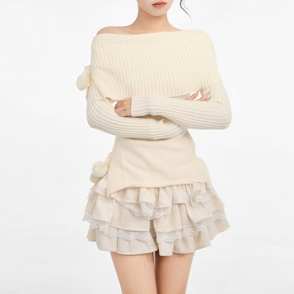 Women's One Shoulder Bow Sweater Cake Skirt