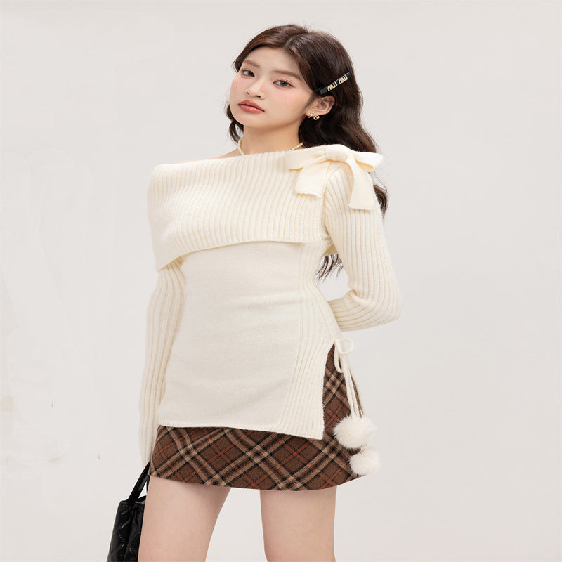 Women's French-style Off-shoulder Long-sleeved Top Fallwinter Slim Slimming Sweater