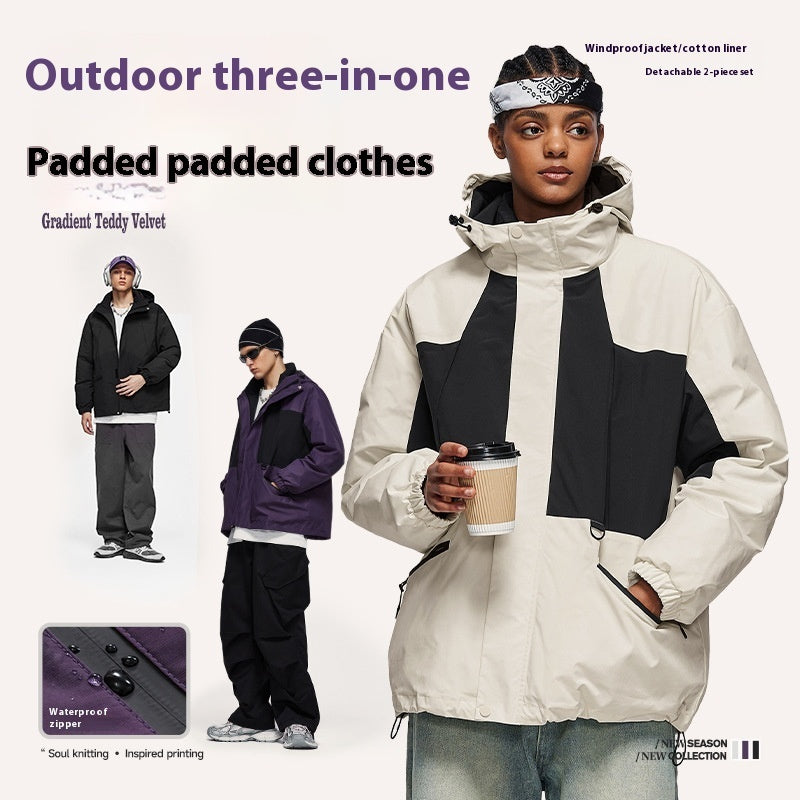 Outdoor Three-in-one Fleece-lined Thickened Removable Three-proof Two-piece Down Cotton Jacket