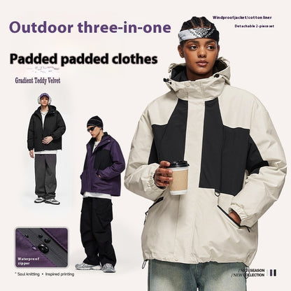 Outdoor Three-in-one Fleece-lined Thickened Removable Three-proof Two-piece Down Cotton Jacket