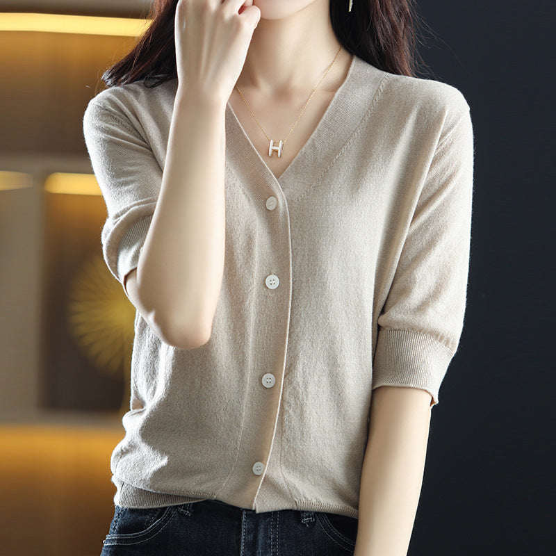 Knit Cardigan Thin Solid Color Basic Commuter Bottoming Top