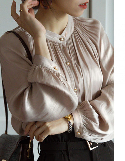 Polyester Solid Color Women's Acetate Silk Satin European Style Shirt Retro Blouse