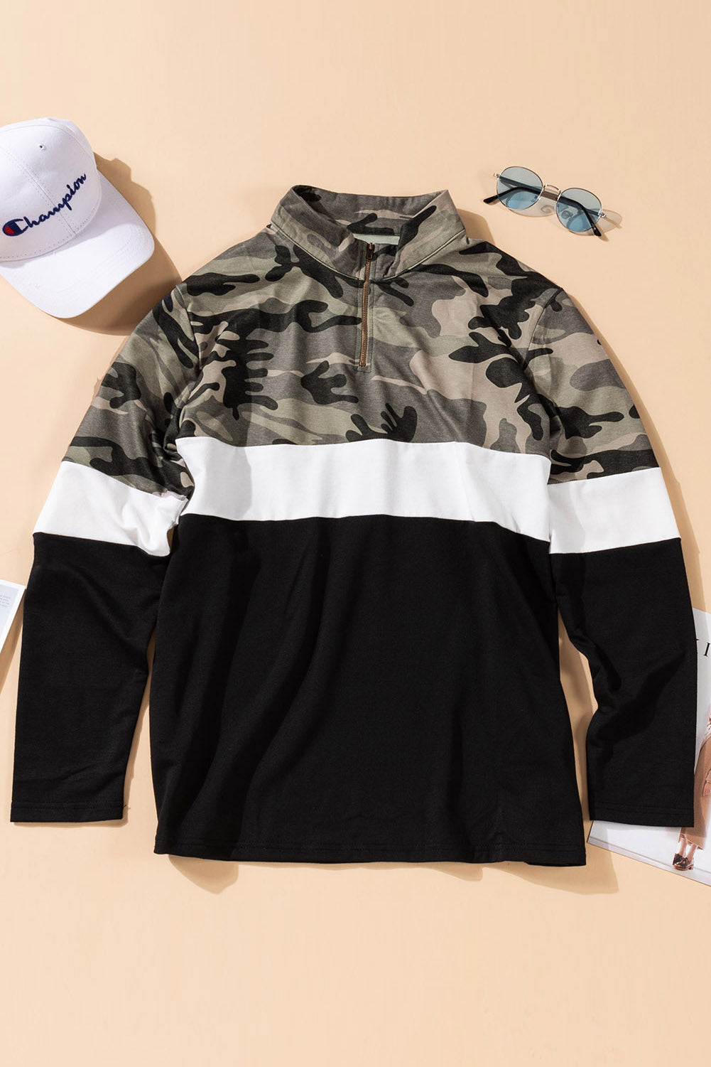 Plus Size Camouflage Color Block Quarter Zip Top