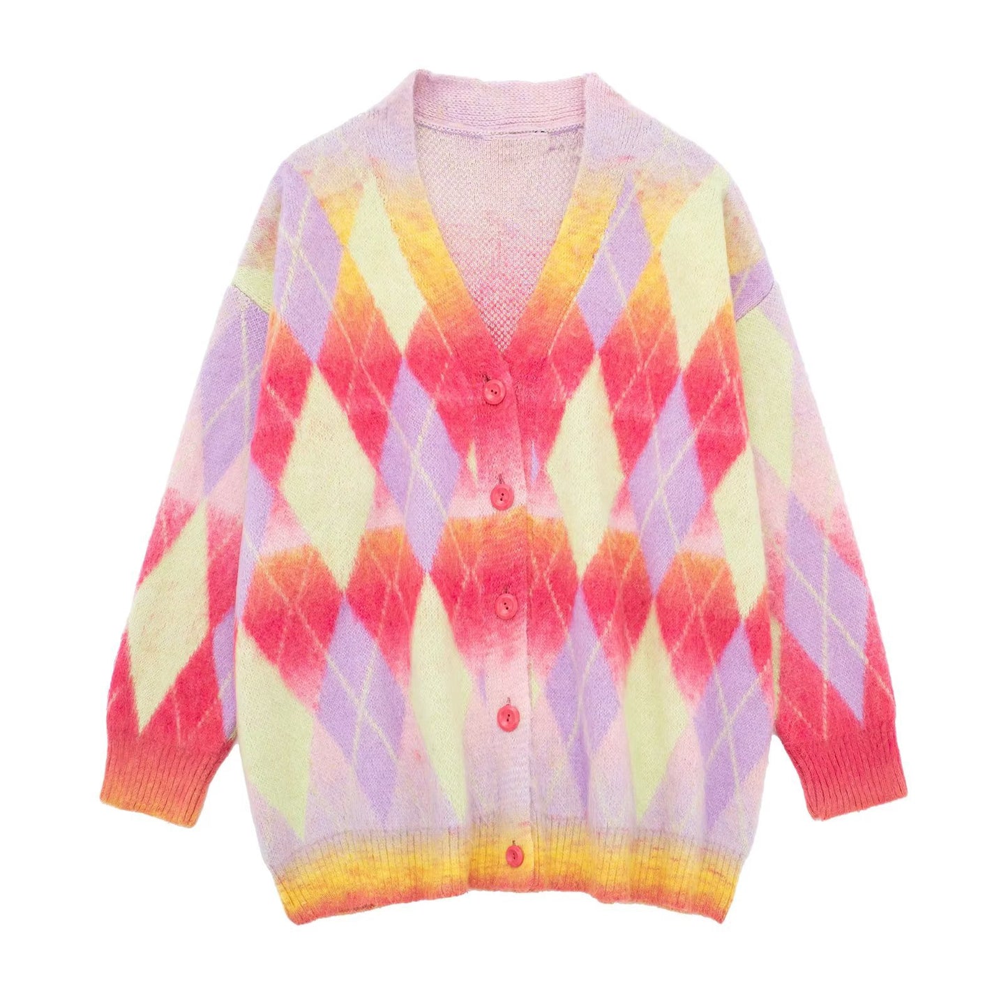 Women's Autumn And Winter Colorful Rhombus Pattern Knitted Cardigan Sweater Coat