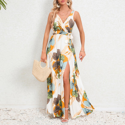 Double V-neck Sleeveless Slit Printed Long Sling Dress