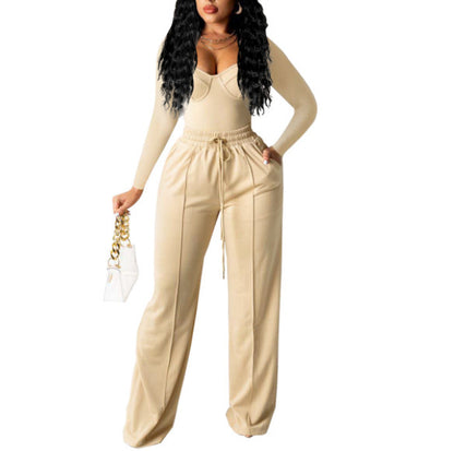 T-shirt Lace-up Hip Trousers Temperament Casual Solid Color Suit