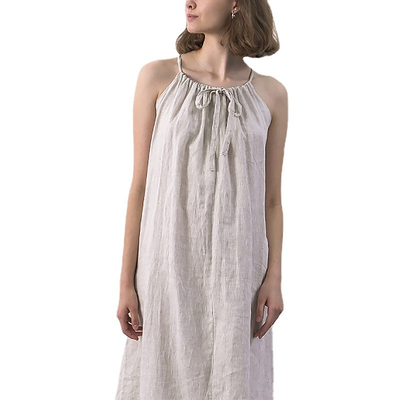 Linen Halterneck With Suspenders Strap Long Dress