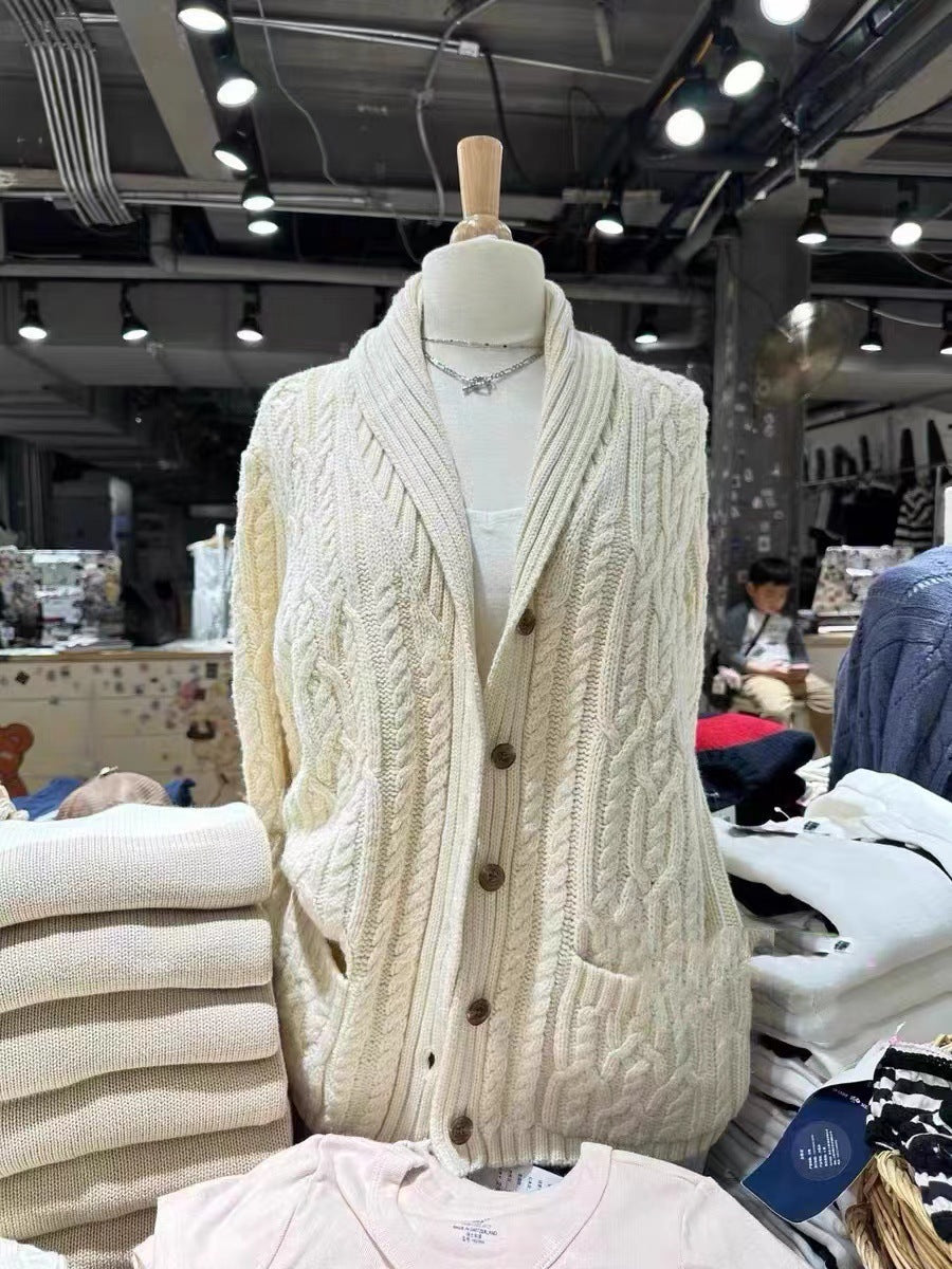 Idle Style Padded Lapel Cable-knit Sweater Bm Sweater For Women