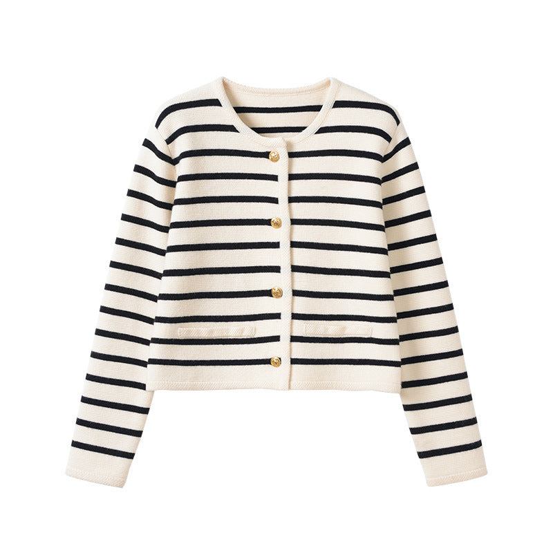 Women's Autumn And Winter New Round Neck Striped Knitted Cardigan Short Coat